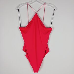 H M Thong Bodysuit Blouse Women's Size L Halter Neck Red
